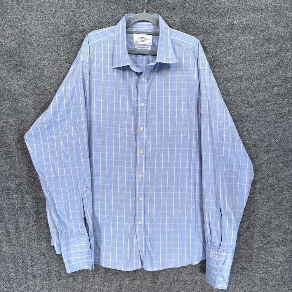 Charles Tyrwhitt Dress Shirt Mens 19 Blue Check Non Iron French Cuff Button Up